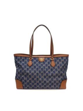 Gucci Tote Bag Ophidia Medium Blue GG Denim Brown Leather Gold